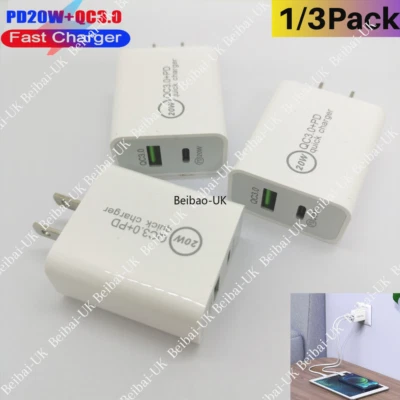 1/3Pack 20W PD USB C QC 3.0 Fast Charger Block Power Adapter For iPhone Samsung - Image 1 of 4