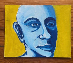Pintura en lienzo arte outsider contemporáneo retrato azul fondo amarillo - Imagen 1 de 3
