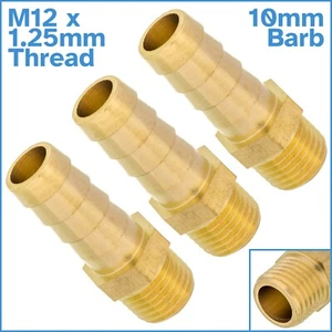3x Brass 10mm Barb Hose To M12 x1.25mm Male Threaded Pipe Fitting Tail Connector - Picture 1 of 4