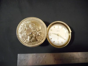 Vintage Linden Germany travel alarm clock gold coin design wind up WORKS - Picture 1 of 5