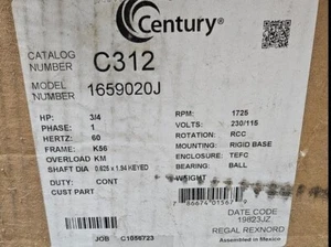Century Farm Duty motorC312 3/4 HP 1725 RPM 230/115 VOLT 56 FRAME TEFC MA - Picture 1 of 1