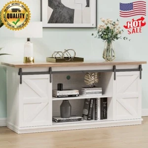 Farmhouse TV Stand W/ Sliding Barn Doors Adjustable Shelves Storage 65 Inch TVs - Picture 1 of 7