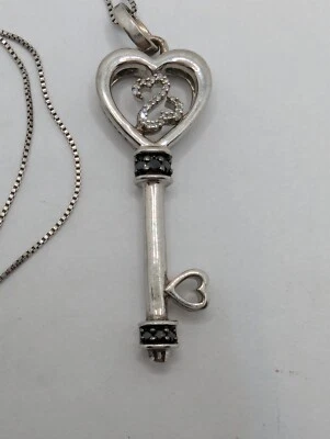 JWBR Jane Seymour Sterling Silver 925 White & Black Diamonds Key Pendant - 18 " - Image 1 of 4