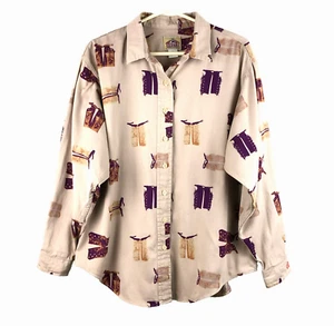 Barn Fly Shirt Womens Size Large Tan Button Up Long Sleeve Novelty Chaps Cowgirl - Picture 1 of 16