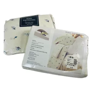 Vintage JCPENNEY Home Expressions Fitted Sheets (2)  HE Leaf Ivory Navy  / Twin - Picture 1 of 12