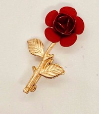 Vintage Gold Tone Red Enamel Rose Flower Brooch Pin Jewelry
