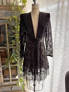 80s Sheer Black Lace One Button Long Jacket Blazer Goth Witchy Victorian M - Picture 1 of 10