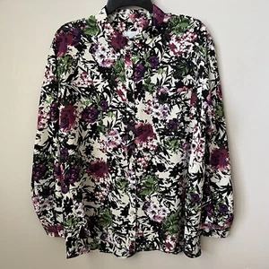 J. Jill Oak Print Floral Button Up Blouse Flowy Boho Office Teacher Coastal Sz M - Picture 1 of 8