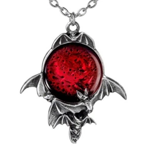 Alchemy Gothic Blood Red Moon Pendant Skein of Flying Bats Pewter Necklace P447 - Picture 1 of 5
