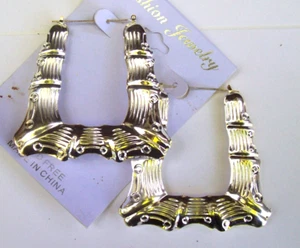 Large Square Puffy Silver Tone  Bamboo Hoop Earrings 3" Trapazoid - Picture 1 of 3