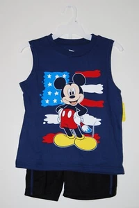 NWT Disney Junior Boys Navy Blue Mickey Mouse Patriotic Slvls 2pc Short Set sz 7 - Picture 1 of 11