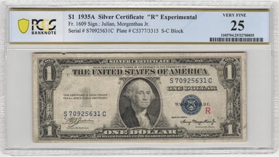 Fr.1609 1935A $1 Certificado de Prata Experimental "R" PCGS Muito Bom 25 Comentários - Imagem 1 de 2