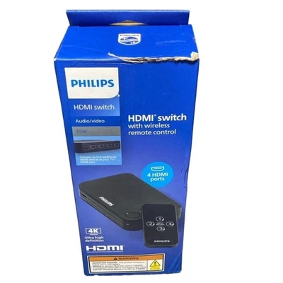 Philips 4K HDMI Switch 4-Port Ultra HD HDR Remote Control Black NEW Damaged Box - Image 1 of 4