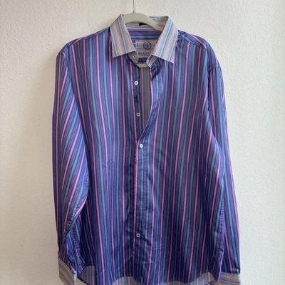 Camisa de Vestir Bugatchi Uomo Hombres Púrpura Rayas Puño Abatible Informal Bolsillo Foto 1 de 4