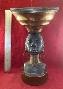 Vtg Mid Century Bronze African Nubian Woman Head Vase Planter Compote 7”Wx12”H - Picture 1 of 10