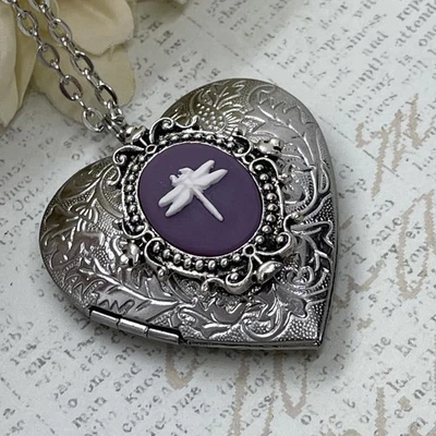 Corazón Plata Camafeo Púrpura Libélula Medallón Collar Foto Memorial Boda Foto 1 de 4