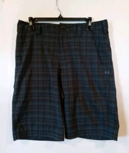 Under Armour Drive Shorts Mens 3 Black Gray Blue Plaid Golf Performance - Picture 1 of 9