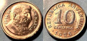 Argentina 1956 10 Centavos KM-51 Nickel plated steel aUNC #8 US Seller - Picture 1 of 1