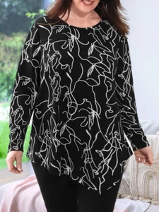 PLUS SIZE 18 20 22 26 BLACK WHITE ABSTRACT PRINT TOP BLOUSE TUNIC STRETCH CURVE - Picture 1 of 3