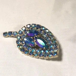 Unique Vintage Leaf Blue Rhinestone Crystal Brooch - Picture 1 of 4