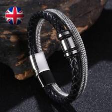 Mens Bracelet Leather Wristband Bangle Gift Braided Stainless Steel Wrap Silver
