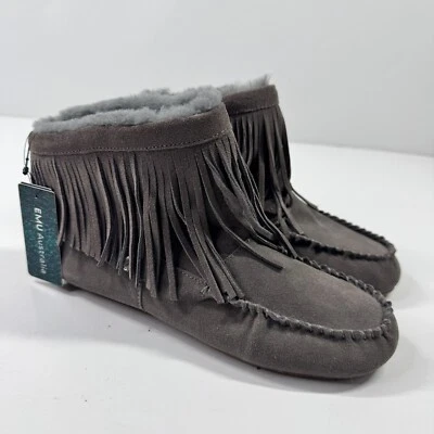 Emu Australia Suede Fringe Cayote Moccasins Boots Gray Size 8 New with Tags - Image 1 of 4