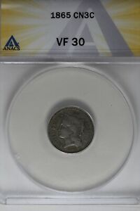 1865  .03  ANACS  VF 30  Three Cent Nickle, Liberty Three Cent Piece