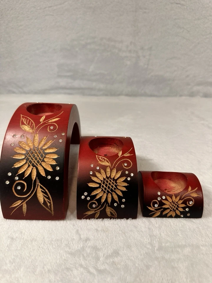 Red Ombré Wooden Elephants Floral Nesting Half Moon Candle Holders Hand Tealight - Image 1 of 4