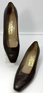 Salvatore Ferragamo Brown Leather Pumps Block Heel Size 7.5B Women's Shoes *Note - Picture 1 of 18