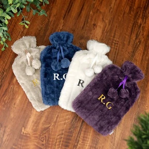 Personalised Hot Water Bottle Embroidered Plush Faux Fur With Pom Poms Gift - Picture 1 of 19