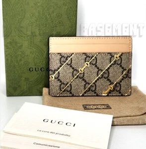GUCCI beige Leather gold Horsebit print GG Supreme Canvas Card Case wallet NIB - Picture 1 of 5