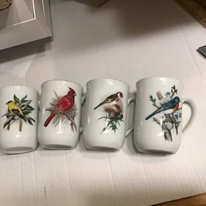 Porzellan 4 Gedecke schöne Vögel auf Ästen Kaffee/Teetassen - Bild 1 von 8