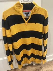 Tommy Hilfiger Quarter Zip Pullover Sweater Yellow Navy Striped Boys Size XL - Picture 1 of 3