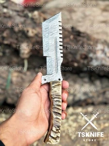 Beautiful Custom Handmade Damascus Steel Camping Knife Horn Handle With Sheath - Picture 1 of 4