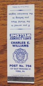 FRATERNAL AMERICAN LEGION MATCHBOOK COVER: YORK PENNSYLVANIA EMPTY MATCHCOVER B9 - Bild 1 von 1