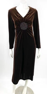 Ronni Nicole Midi Dress 10 Brown Beaded Front V Neck Velour Long Sleeve Womens - Picture 1 of 5