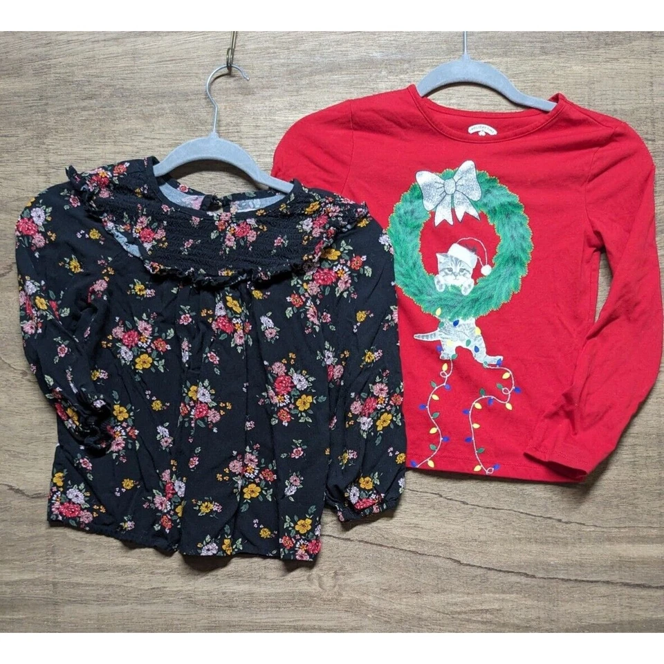 Girls Size 7/8 Lot of 2 Tops T Shirt Christmas Red Cat Holiday Flowers Black - Image 1 of 4
