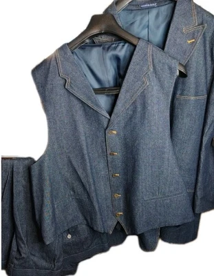 VTG* Vittorio St Angelo 3 Pc Denim Fashion Suit Set Baggy Pants 56R Jacket 60R - Image 1 of 4