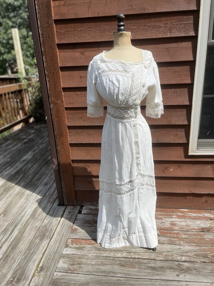 Edwardian Ladies Day Dress Antique Edwardian, Lace Openwork, 3/4 Sleeves - Image 1 of 4