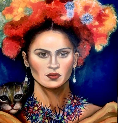 Ölgemälde Frida mit Katze Hommage nach  Kahlo . 120x90 cm . Handgemalt . - Bild 1 von 4