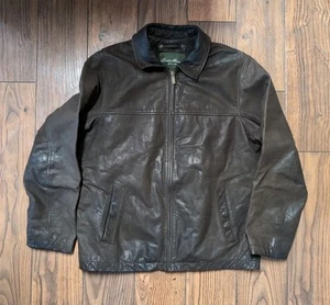 🦬 Giacca vintage EDDIE BAUER marrone PELLE DI BUFALO L moto PATINA - Foto 1 di 12