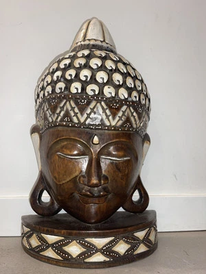 BUDDHA Head Face Wood Carved Mask Sculpture Indonesia Bali Meditation 20” Large - Image 1 of 4
