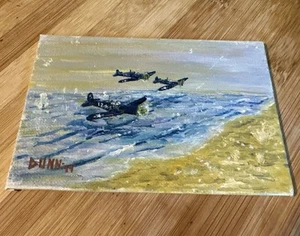 Vtg Signed Mini Painting Ocean VTG Airplanes Nautical Unframed 6"x4" 1999 - Bild 1 von 14