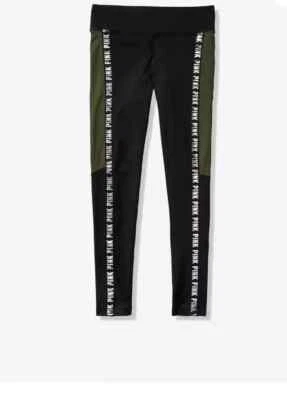 Victoria's Secret PINK Cozy Fleece Lined Black & Green w/ Silver Logo Leggings S - Image 1 of 4