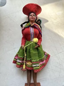 Vintage peruanische Volkskunstpuppe Frau mit Säugling und Tropfenspindel handgefertigt - Bild 1 von 23