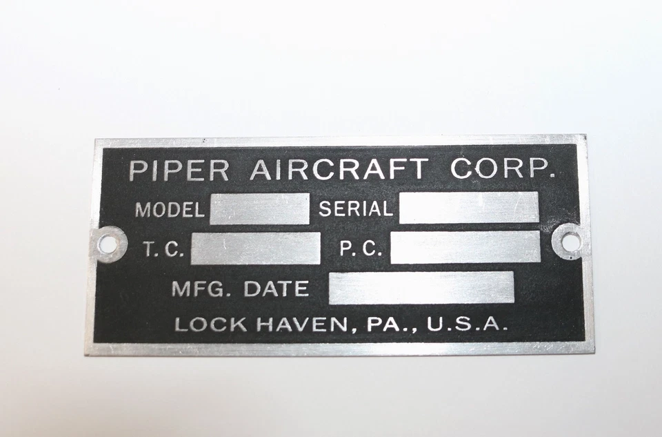 New Aluminum Piper J3 Cub Data Plate, Lock Haven, PA, Exact Replica,  Wow! Foto 1 de 1