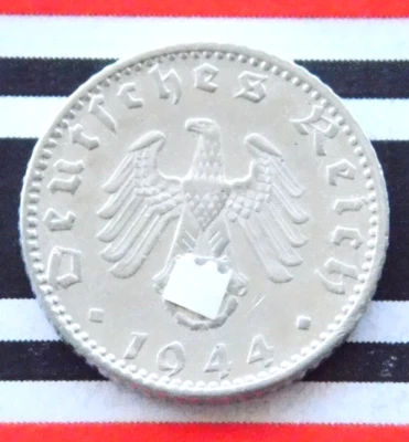 GERMAN Coin 50 REICHSPFENNIG 1944 F Alu SWASTIKA THIRD Reich WW2 RARE Pfennig - Image 1 of 4