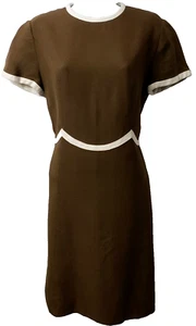 Vintage 50s Linen Shift Dress S M Mod MCM Scallop Lined Brown Ivory Leslie Fay - Picture 1 of 8