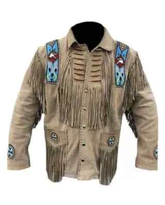 Herren Western Cowboy Wildleder Fransen Jacke Perlen Indianer Lederjacke - Bild 1 von 4