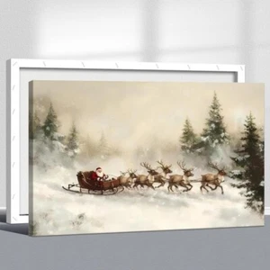 Christmas Canvas Wall Art: Santa's Reindeer Sleigh Ride in Snowy Forest - Picture 1 of 46